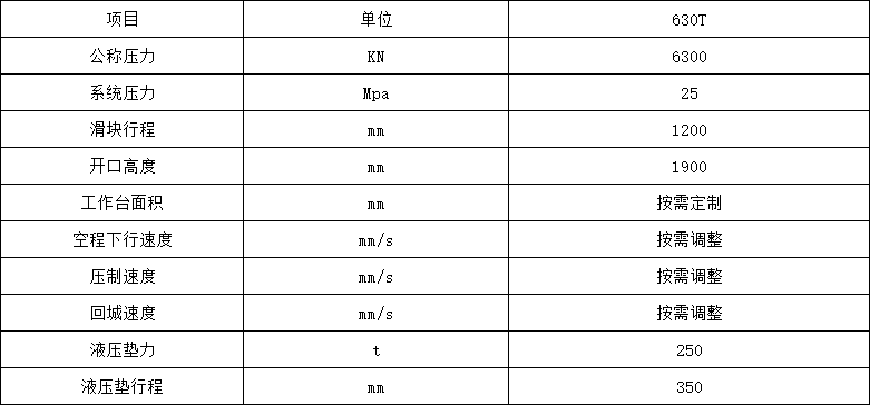 630噸框架式薄板拉伸液壓機參數(shù)